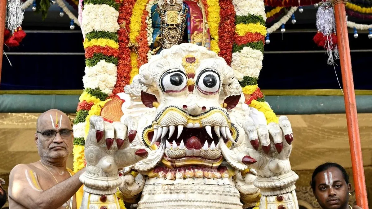 Kodandarama rides the lion, sits under pearl-studded canopy